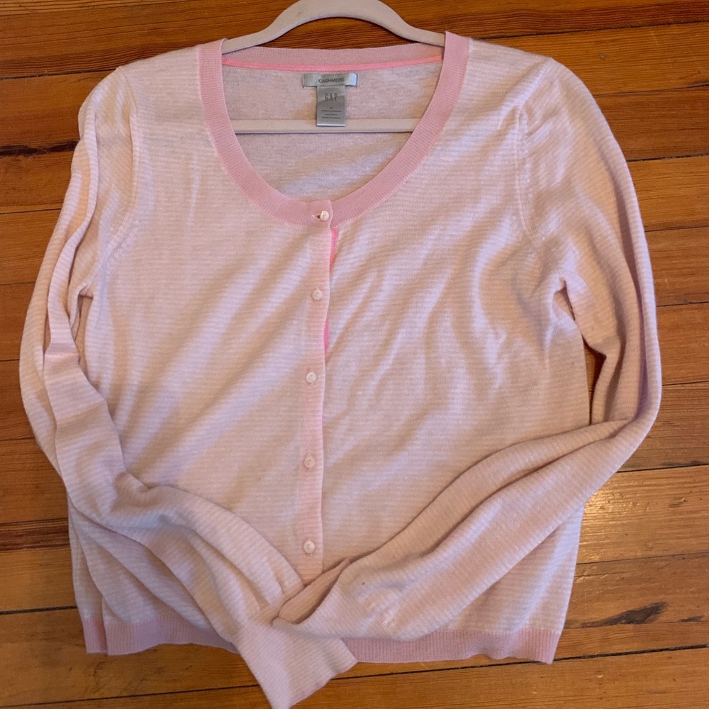 Gap Pink and White Striped Cashmere Cardigan M